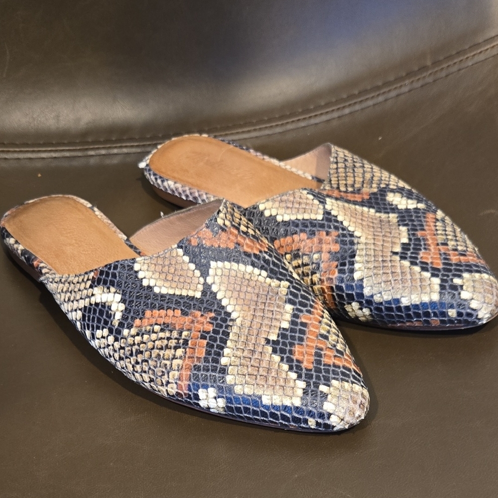 Brown and Tan Snakeskin Pattern Mules with Pointed Toe Madewell